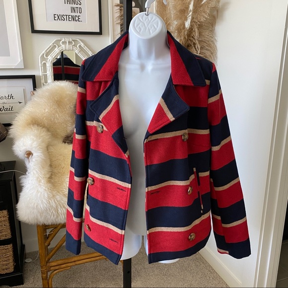 Jack Striped Cropped Rugby Style Double Breasted Pea Coat Rugby Stripes Size S - Picture 7 of 11